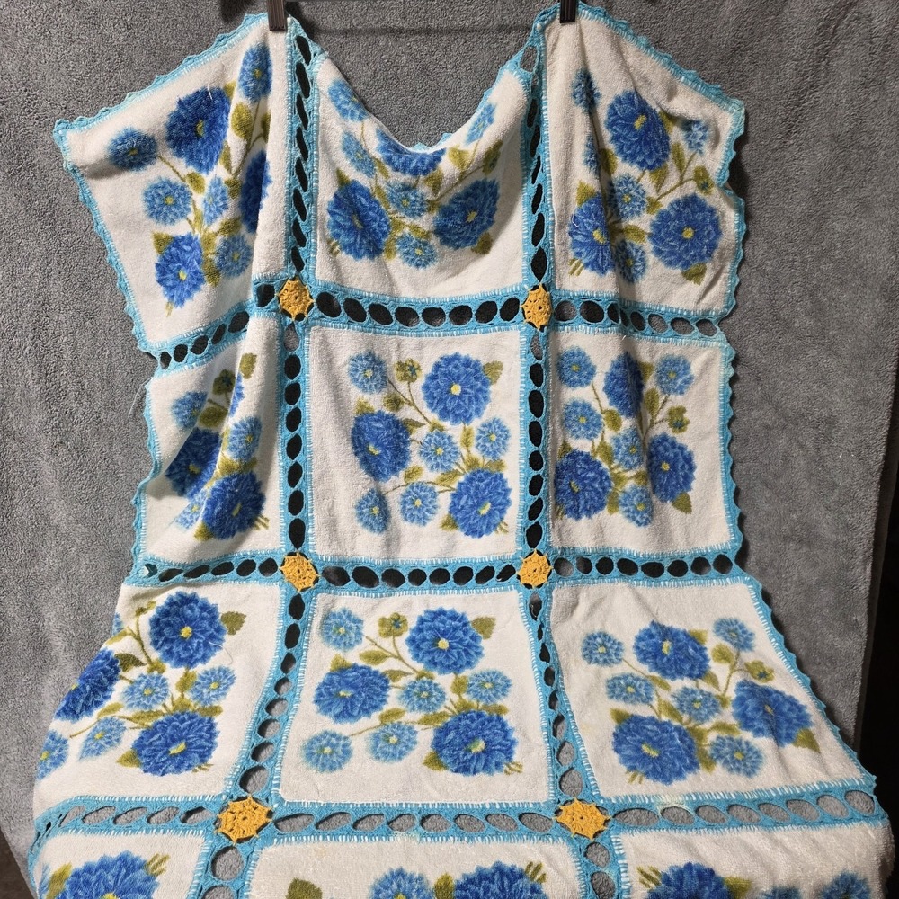 Vintage Terry Cloth Handmade Throw Crochet Lace Blue Floral